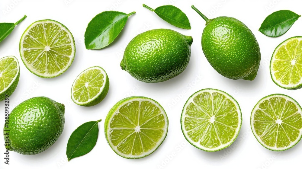 A photostock of fresh green limes, whole and sliced, arranged neatly on isolated on transparent PNG background, High Quality. A photostock of fresh green limes, whole and sliced, arranged neatly on isolated on transparent PNG background, High Quality.