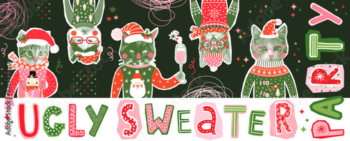 Funny Ugly Christmas Sweater Design with Cute Hipster Cats in Halftone Collage Style, Fun Party Banner and Background
