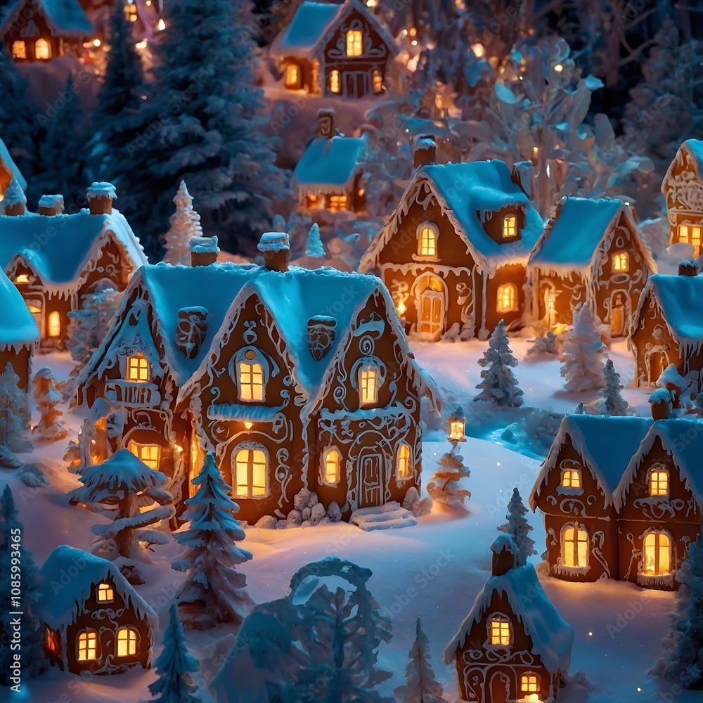 Fototapeta premium A fantastical gingerbread village in the middle of a snowy forest