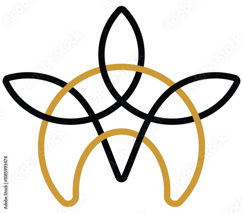 Abstract linear symbol - a knot of half moon and three leaves. Symbolic display of secret occult knowledge and three principles. Graphic sign, icon in Wiccan, European magic motif. Vector illustration