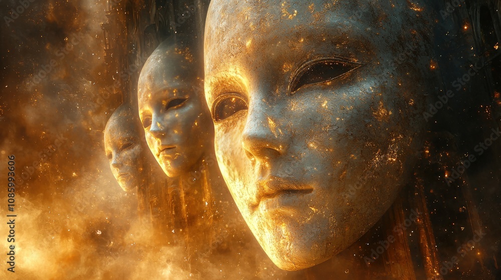 An ethereal scene featuring faceless figures with a textured, glowing surface, surrounded by a mystical, smoky ambiance. An ethereal scene featuring faceless figures with a textured, glowing surface, surrounded by a mystical, smoky ambiance.