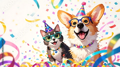 Happy birthday celebration with a corgi and cat wearing party hats and glasses amidst colorful confetti and ribbons.