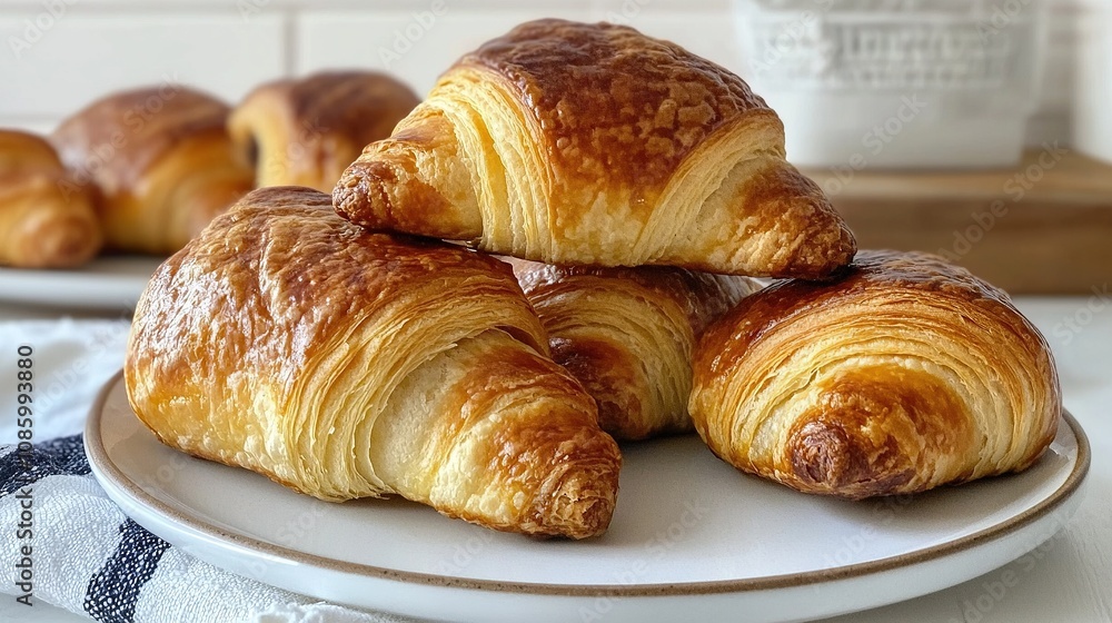 Fototapeta premium Flaky croissants stacked on white plate.