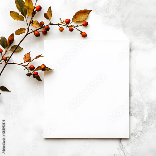 blank greeting card on white table, autumn nature minimalistic vibes realistic rowan twig for mockup photo