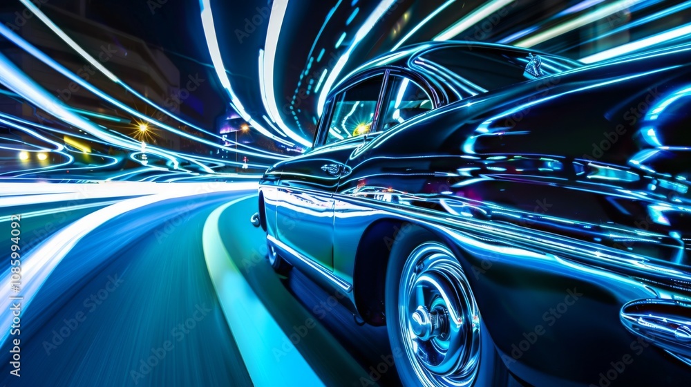Stunning Night Shot of Blue Car Light Streams in Long Exposure Stunning Night Shot of Blue Car Light Streams in Long Exposure