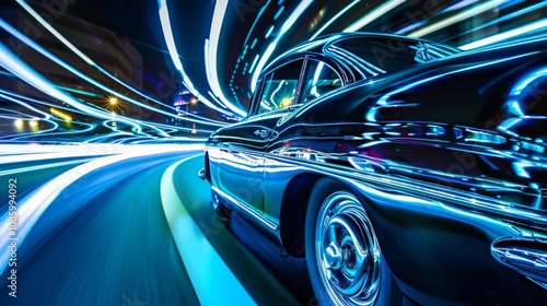 Stunning Night Shot of Blue Car Light Streams in Long Exposure