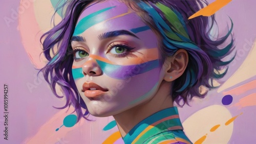 Portrait of a young woman with colorful abstract face paint and vibrant background.