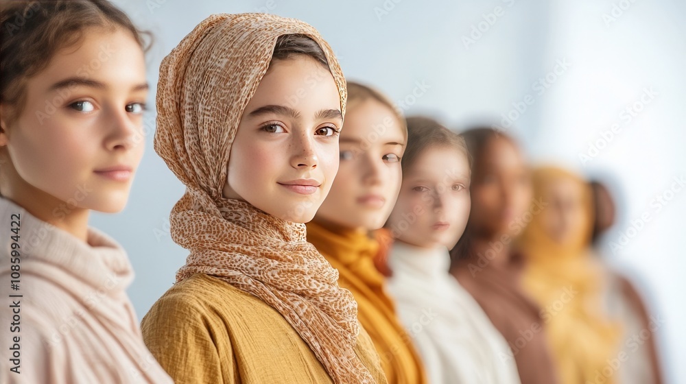 A group of young women with diverse hairstyles and scarves, standing in a line, showcasing cultural beauty and fashion.