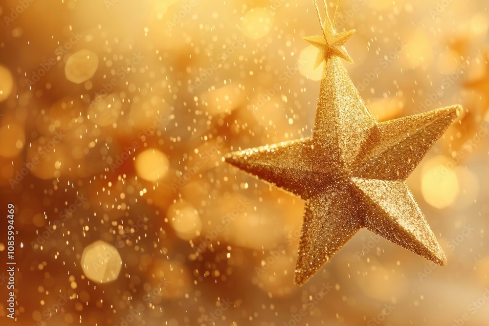 A decorative gold star ornament suspended from a string, ideal for holidays and special occasions A decorative gold star ornament suspended from a string, ideal for holidays and special occasions