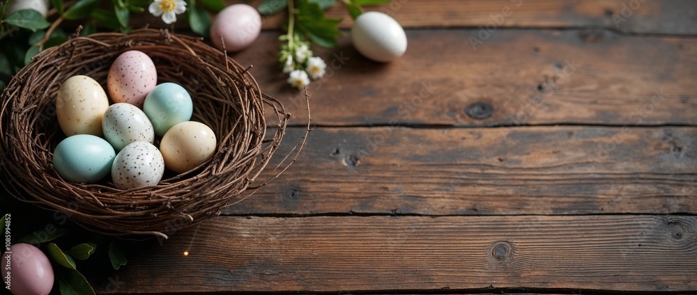 Nest with colorful Easter eggs and flowers on wooden background with copy space Nest with colorful Easter eggs and flowers on wooden background with copy space