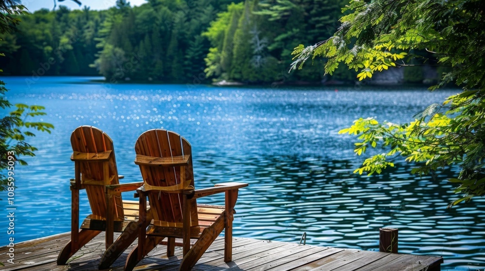 Obraz premium Relaxation Spot: Adirondack Chairs Positioned on Wooden Dock Overlooking Blue Lake