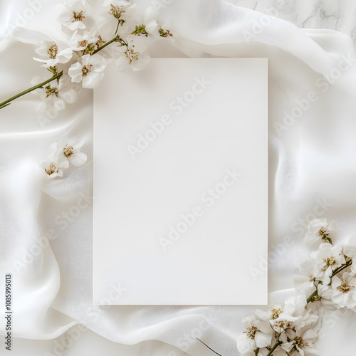 a white blank invitation in portrait 5x7 mockup wedding scene ,with focus on the invitation
