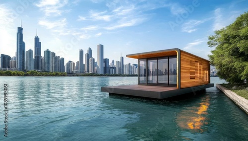 3D Rendering of a Modern Tiny House on the Water with Wooden Cladding Surrounded by Green Trees and a City Background