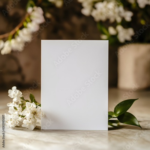 a white blank invitation in portrait 5x7 mockup wedding scene ,with focus on the invitation