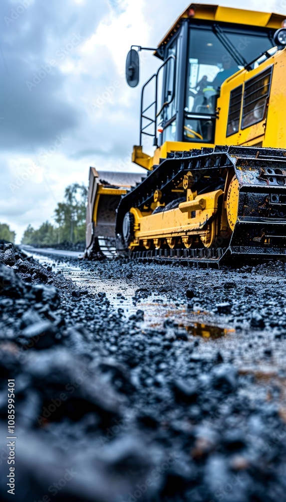 Powerful bulldozer in action on asphalt surfaces highlighting heavy equipment in construction Powerful bulldozer in action on asphalt surfaces highlighting heavy equipment in construction
