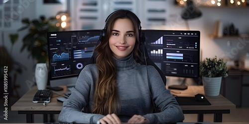 A modern creative professional sitting at a sleek, high-tech desk in a dimly lit studio, surrounded by multiple ultra-wide monitors displaying vibrant design elements and editing timelines. The worksp photo