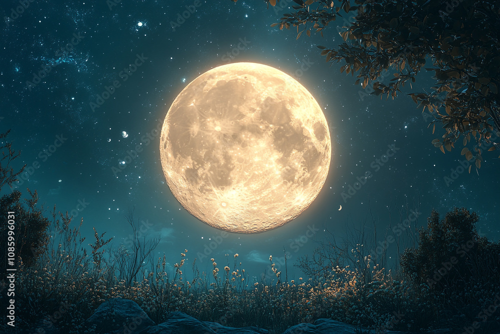 Fototapeta premium Full Moon Over Night Field Under Starlit Sky