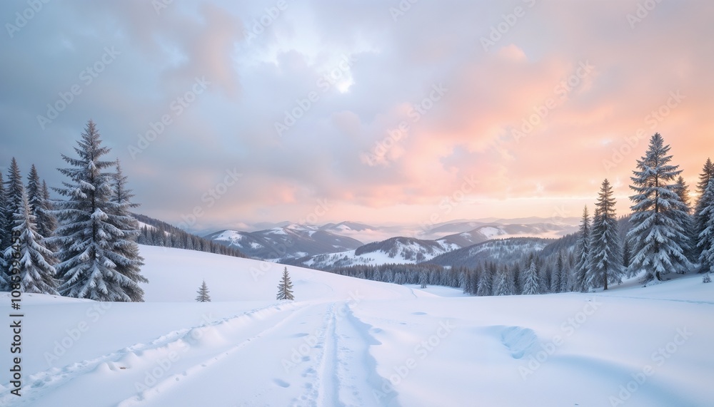 A serene snow-covered mountain landscape at sunset A serene snow-covered mountain landscape at sunset