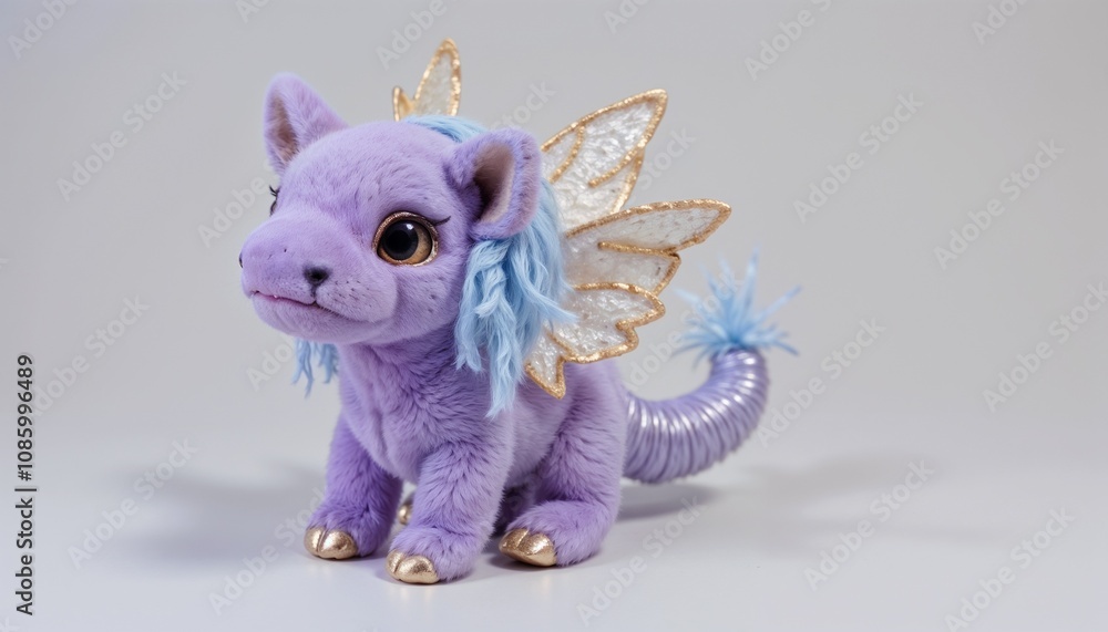 A purple fantasy plush creature with wings and a whimsical tail A purple fantasy plush creature with wings and a whimsical tail
