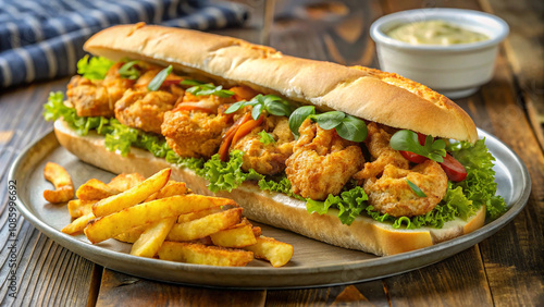 New Orleans Shrimp Po’ Boy Sandwich with golden fried shrimp, crisp lettuce photo