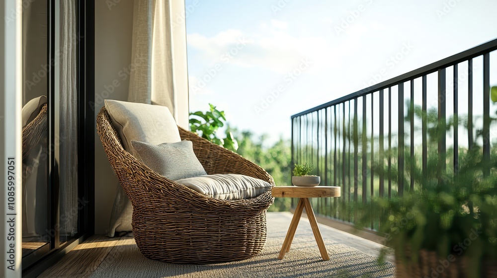 Cozy balcony with a comfortable wicker chair and small wooden table overlooking greenery, perfect for relaxation and enjoying nature's beauty in a sunny setting Cozy balcony with a comfortable wicker chair and small wooden table overlooking greenery, perfect for relaxation and enjoying nature's beauty in a sunny setting