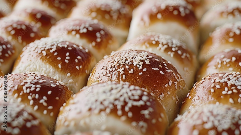 A close-up view of a tray filled with soft pretzels and topped with sesame seeds A close-up view of a tray filled with soft pretzels and topped with sesame seeds