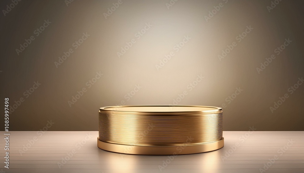 Elegant gold cylindrical display stand on a wooden surface against a neutral background. Elegant gold cylindrical display stand on a wooden surface against a neutral background.