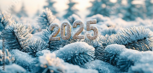 2025 Minimalist New Year's Celebration with Snow Covered Pine Branches -