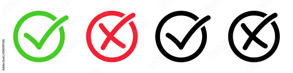 Check mark icon button set. Reject cross symbol. Check mark icon button set. Reject cross symbol.