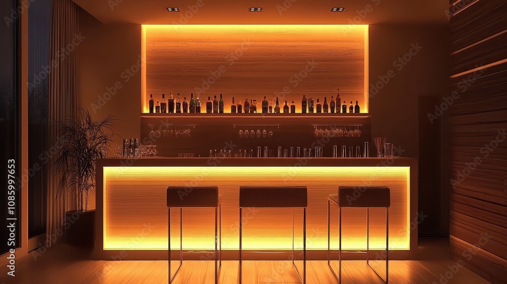 Modern Bar Interior with Warm Ambient Lighting and Sleek Design Featuring a Minimalist Wooden Bar and Stylish Barstools Ideal for a Cozy Evening Atmosphere Modern Bar Interior with Warm Ambient Lighting and Sleek Design Featuring a Minimalist Wooden Bar and Stylish Barstools Ideal for a Cozy Evening Atmosphere