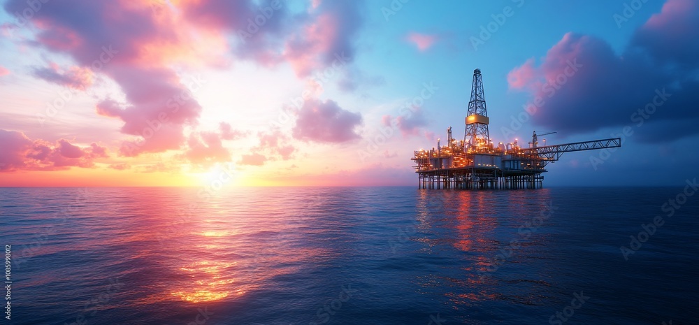 An offshore oil rig stands against a vibrant sunset over calm waters. An offshore oil rig stands against a vibrant sunset over calm waters.