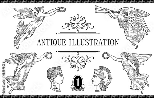 Greek goddess mythology antique illustration. Vector isolated Antique angel. Black and white line drawing 1
