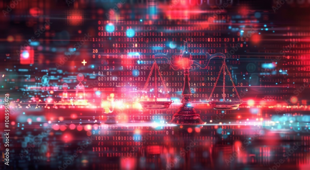 Obraz premium Tech-Infused Justice: Binary Code and Scales of Justice