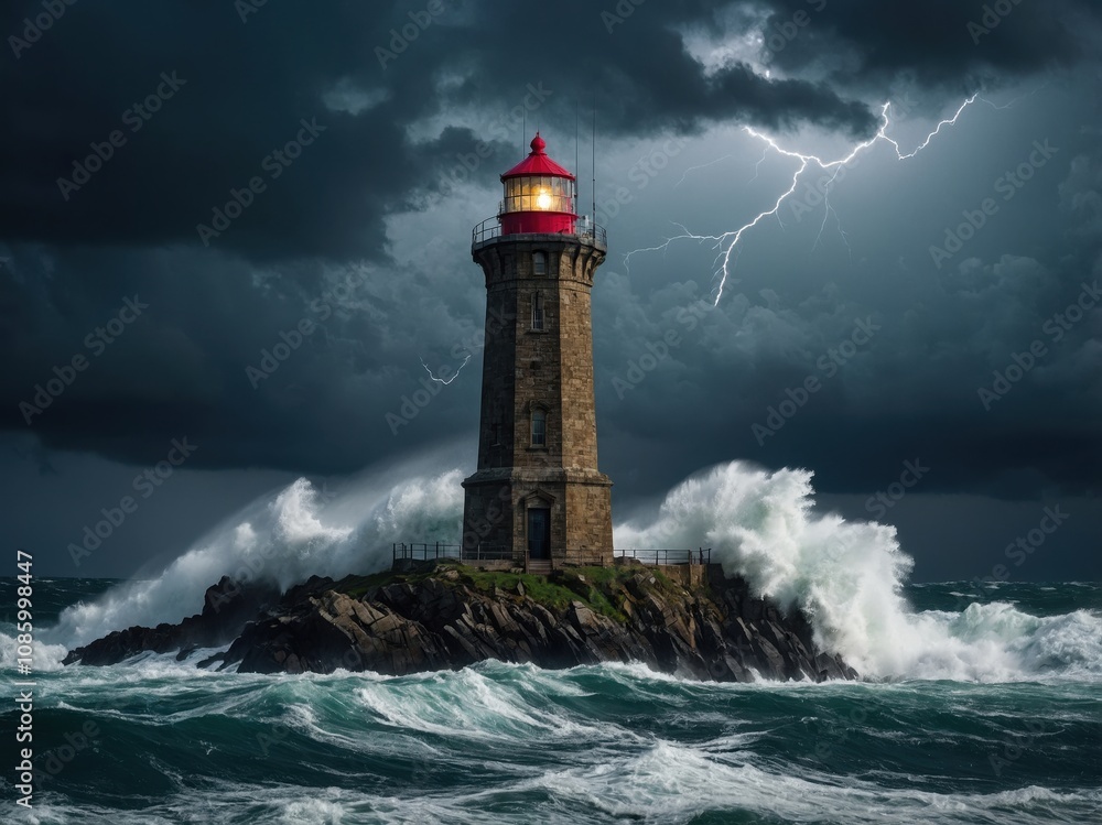 A lighthouse standing strong in the midst of a stormy sea, waves crashing against its base, symbolizing resilience and guiding light in rough waters A lighthouse standing strong in the midst of a stormy sea, waves crashing against its base, symbolizing resilience and guiding light in rough waters