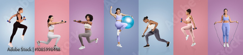 A group of energetic women participates in various fitness exercises, showcasing strength and flexibility in vibrant, colorful settings during daytime workouts.