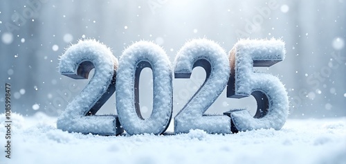 Snow-covered 2025 numbers highlight the arrival of winter in a tranquil snowy landscape during a festive season