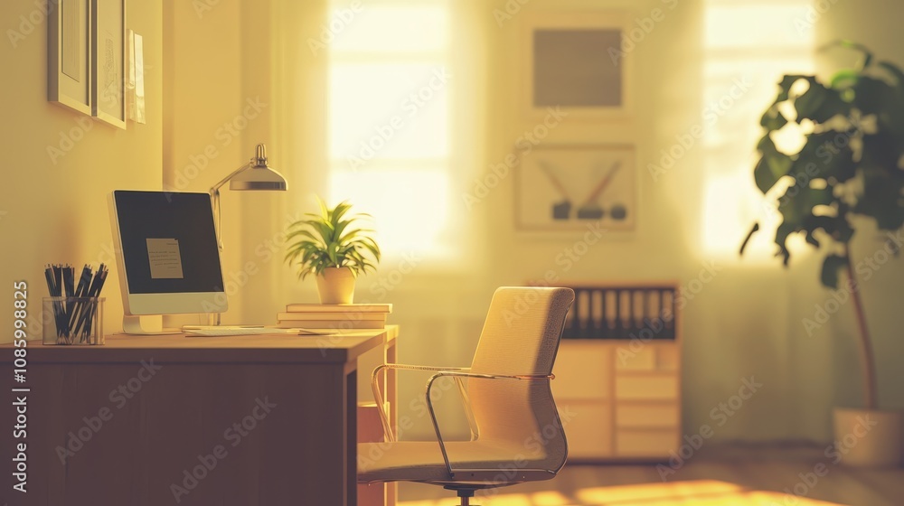 Bright and Inviting Home Office Space with Modern Desktop, Stylish Chair, Green Plant, and Warm Natural Light Streaming Through Windows Bright and Inviting Home Office Space with Modern Desktop, Stylish Chair, Green Plant, and Warm Natural Light Streaming Through Windows