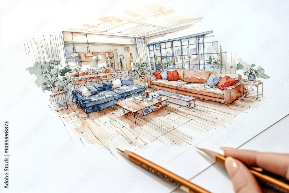 Sketching pad with pen and pencil showing a watercolor-style design for a modern living room. Soft tones and clean lines create a simple, fresh space for home decor Sketching pad with pen and pencil showing a watercolor-style design for a modern living room. Soft tones and clean lines create a simple, fresh space for home decor