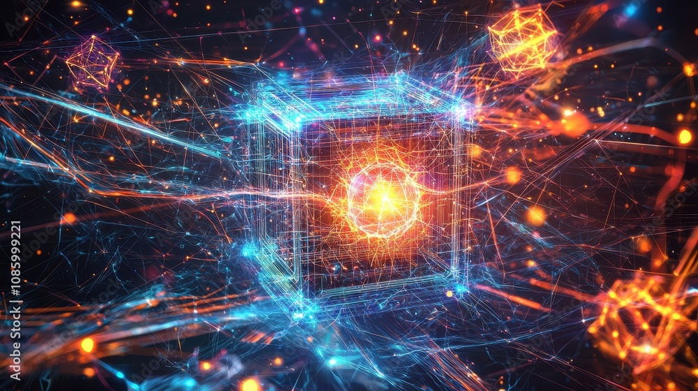 Fototapeta premium Futuristic Digital Cube Surrounded by Vibrant Energy Particles in a Stunning Abstract Background of Light Trails and Glowing Elements Representing Innovation and Technology