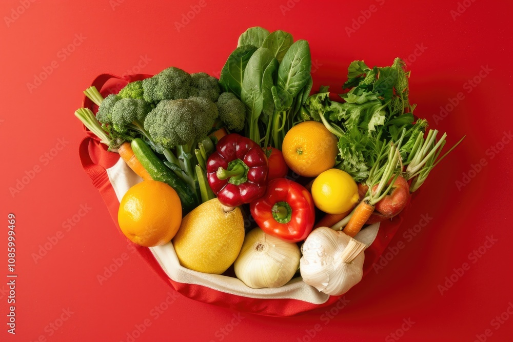 A colorful basket filled with various fruits and vegetables, perfect for a market or grocery scene A colorful basket filled with various fruits and vegetables, perfect for a market or grocery scene