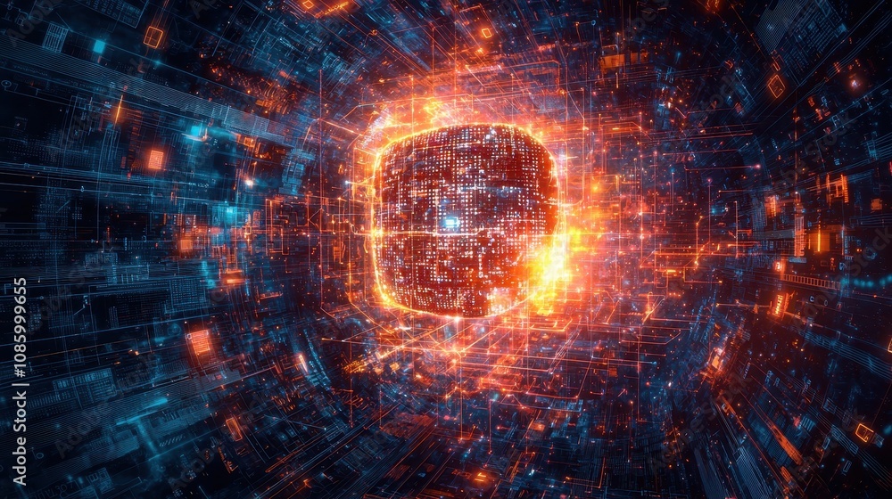 Fototapeta premium Abstract futuristic background with glowing digital cube surrounded by vibrant particles and interconnected lines representing technology and data transfer