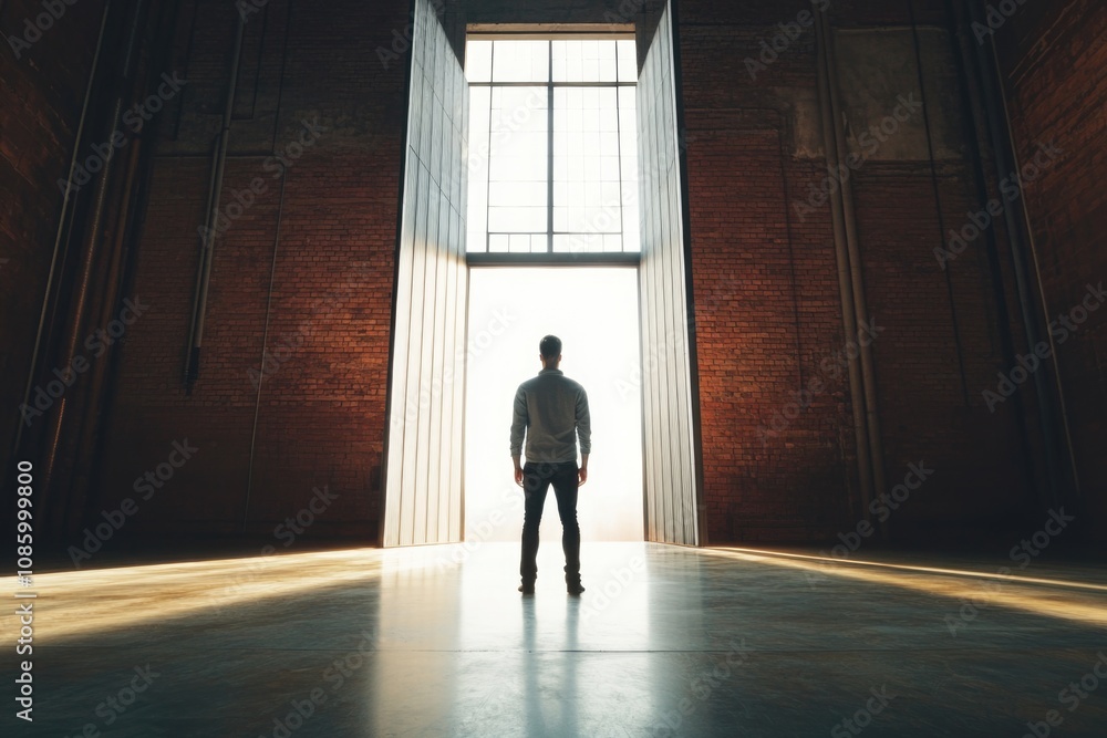 Fototapeta premium A person standing in front of a window in a modern building, possibly contemplating or thinking