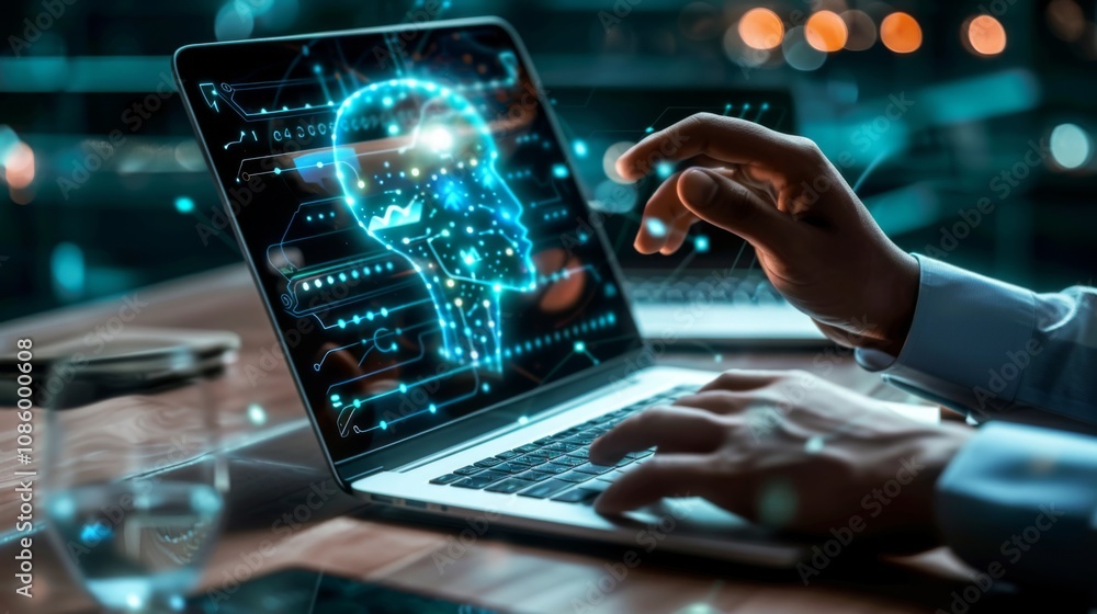 AI Search: Man Interacts with Artificial Intelligence Chatbot on Laptop AI Search: Man Interacts with Artificial Intelligence Chatbot on Laptop