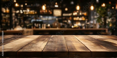 The image features a beautifully blurred interior of a cafe, showcasing a wooden countertop that is ideal for displaying food and various products, all set within a warm and inviting atmosphere