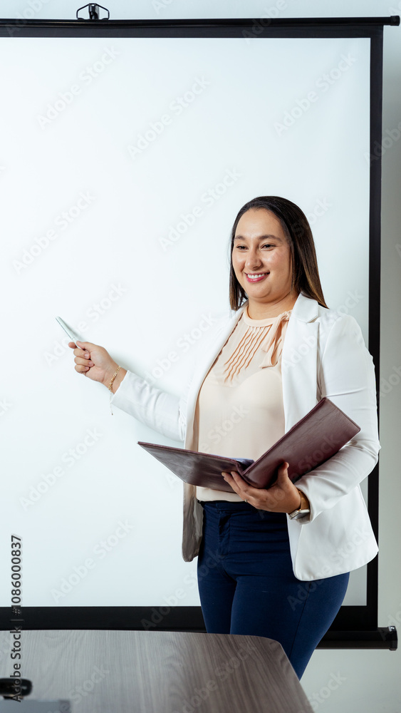 Professional woman leading a business presentation with confidence