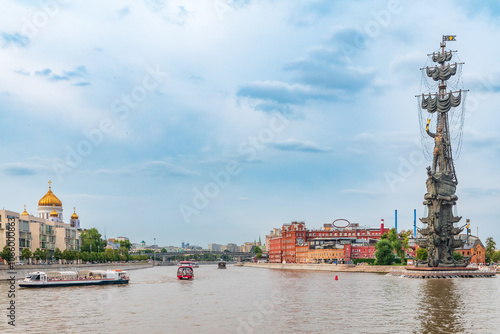 Moscow river and Peter the Great Statue. Sculpture by Zurab Tsereteli. One of the tallest monuments in Russia.