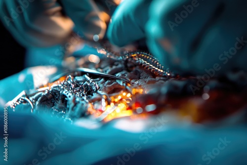 Close-up of a person wearing a blue glove, useful for concepts related to work, hands, or occupational safety photo