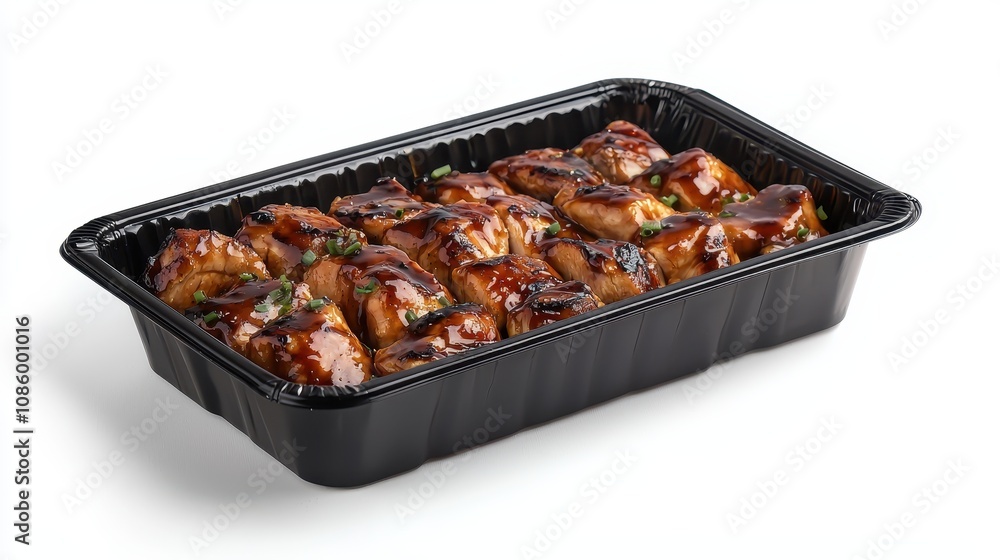 Delicious Barbecued Chicken Pieces with Glaze in Black Takeout Container Ready for Serving and Enjoying, Perfect for Meal Prep or Gathering Events Delicious Barbecued Chicken Pieces with Glaze in Black Takeout Container Ready for Serving and Enjoying, Perfect for Meal Prep or Gathering Events
