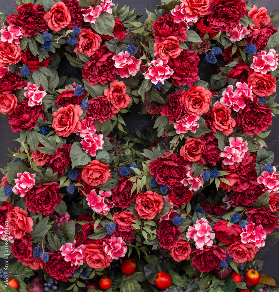 close up on artificial flower wreath background close up on artificial flower wreath background