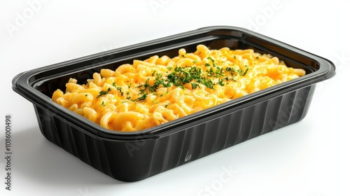 A Delicious Serving of Creamy Macaroni and Cheese in a Black Container Garnished with Fresh Herbs Ready for Enjoyment
